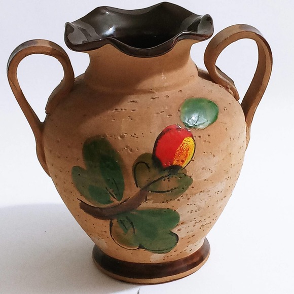 Vintage Pottery Glaze Vase Birds Floral Hand Painted Flowers (shelf) - Picture 2 of 7